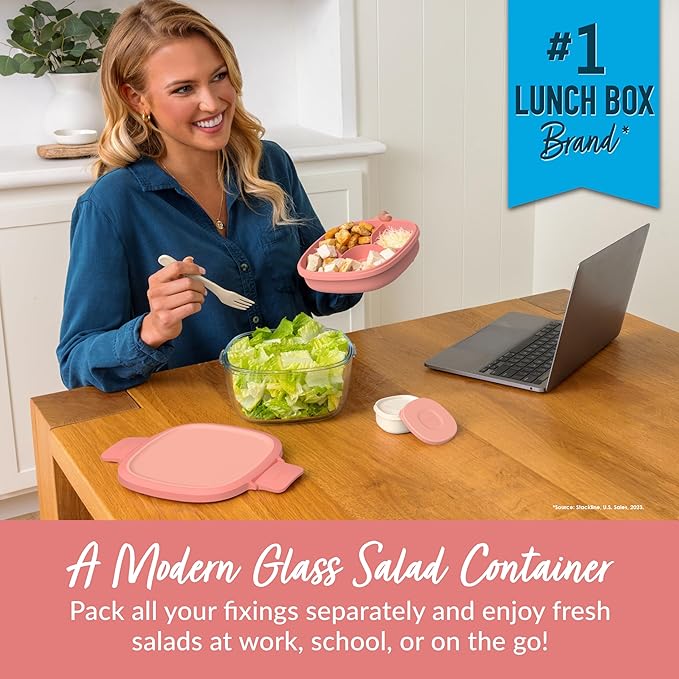 Bentgo Glass All-in-One Salad Container - Large 61-oz Salad Bowl with Lid, 4-Compartment Bento-Style Tray, 3-oz Sauce Container, and Reusable Fork - Dishwasher, Microwave, and Oven Safe (Coral)