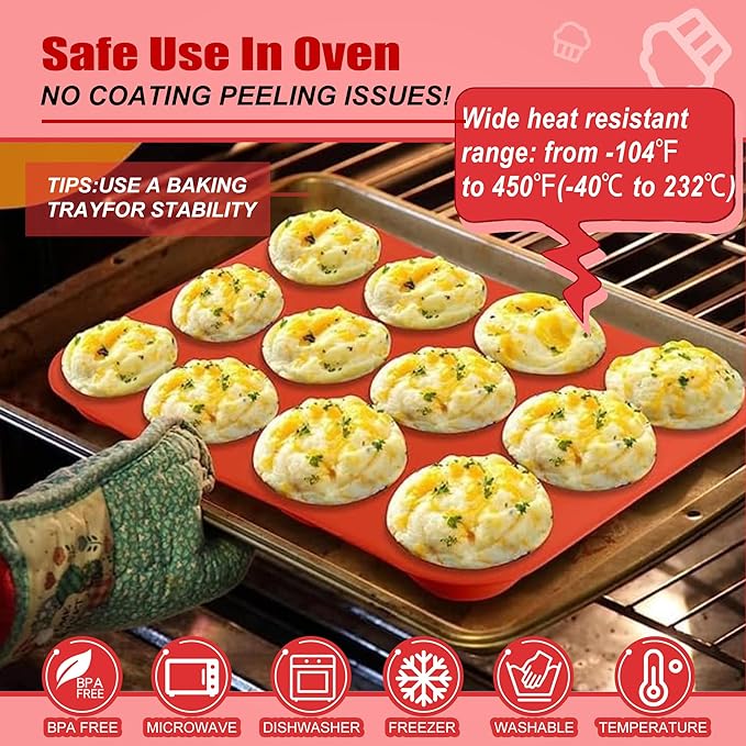2PCS Thicken-12 Cup Silicone Muffin Pan - Cupcake Baking Pan Great for Making Muffin Cakes, Tart, Bread -Non - Stick Silicone Mold/Dishwasher - Microwave Safe