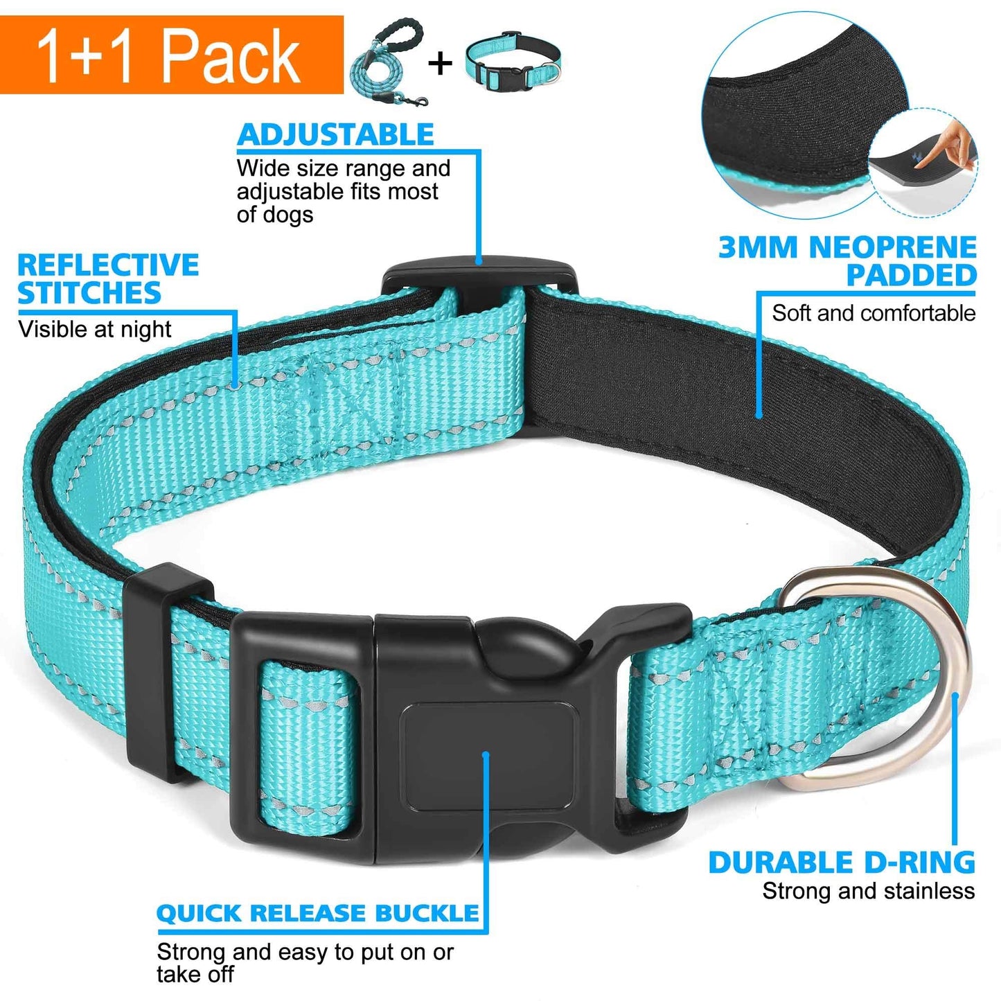 Ladoogo Reflective Dog Collar Padded with Soft Neoprene Breathable Adjustable Nylon Dog Collars for Small Medium Large Dogs (Medium (Pack of 1), Turquoise Collar+Leash)