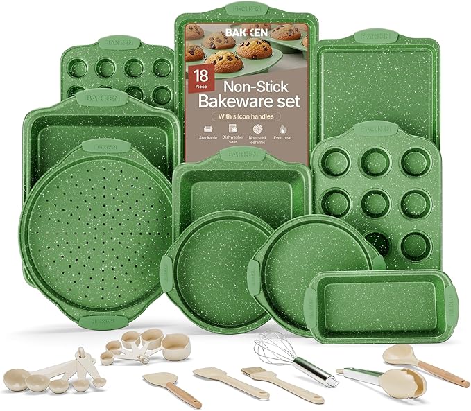 BAKKEN Kitchen Baking Pan Set - Nonstick Green Marble Coating, Carbon Steel Bakeware Sets with Green Silicone Handles, Kitchen Essentials, PFOA, PFOS, PTFE Free, Oven Safe (Up To 450° F), Set of 18