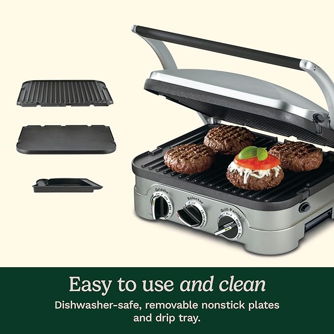 Cuisinart Griddler Indoor Grill, Panini Press, Sandwich Maker & More, 5-in-1 Grilling, Dishwasher-Safe Nonstick Cooking Plates, GR-4NNAS, Stainless Steel
