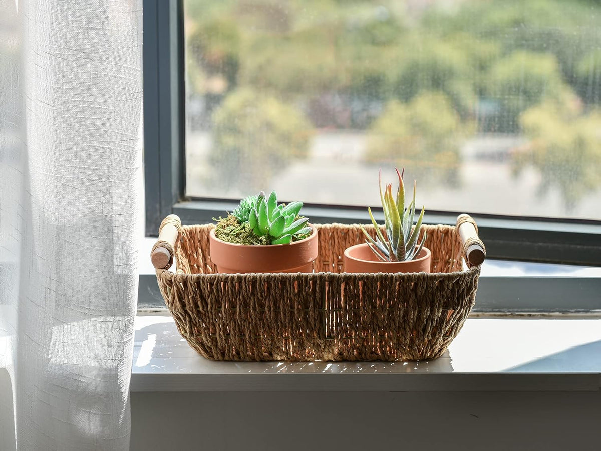 StorageWorks Hand-Woven Small Wicker Baskets, Round Paper Rope Storage Baskets with Wooden Handles, Light Brown, 2-Pack