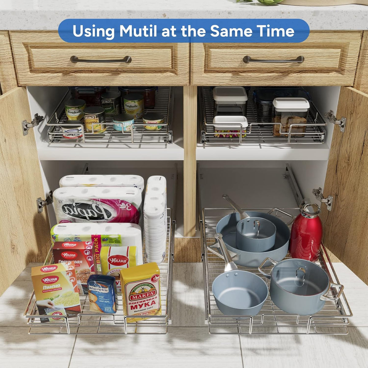 ROOMTEC Pull Out Cabinet Organizer, Cabinet Pull Out Shelves 15½" W x 21½" D, Heavy Duty Cabinet Drawers Slide Out Kitchen Cabinet Organizers Storage Shelf