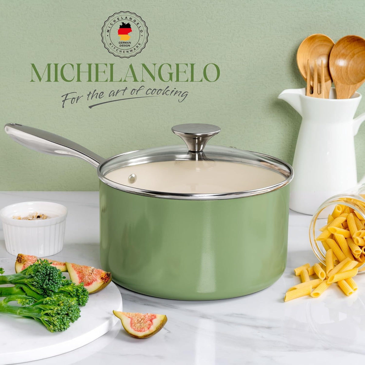MICHELANGELO 3 Quart Saucepan with Lid - Non Toxic Sauce Pan with Nonstick Ceramic Coating, Scratch-Resistant, Induction Saucepan Suitable for All Stovetops, Green