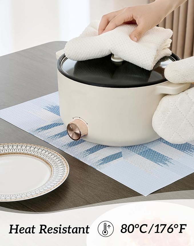 Leetaltree Geometric Print Blue Placemats Set of 12 - Heat Resistant Non-Slip Place mats for Dining Table, Washable Durable PVC Vinyl Woven Table Mats (Geometric Blue, 12)