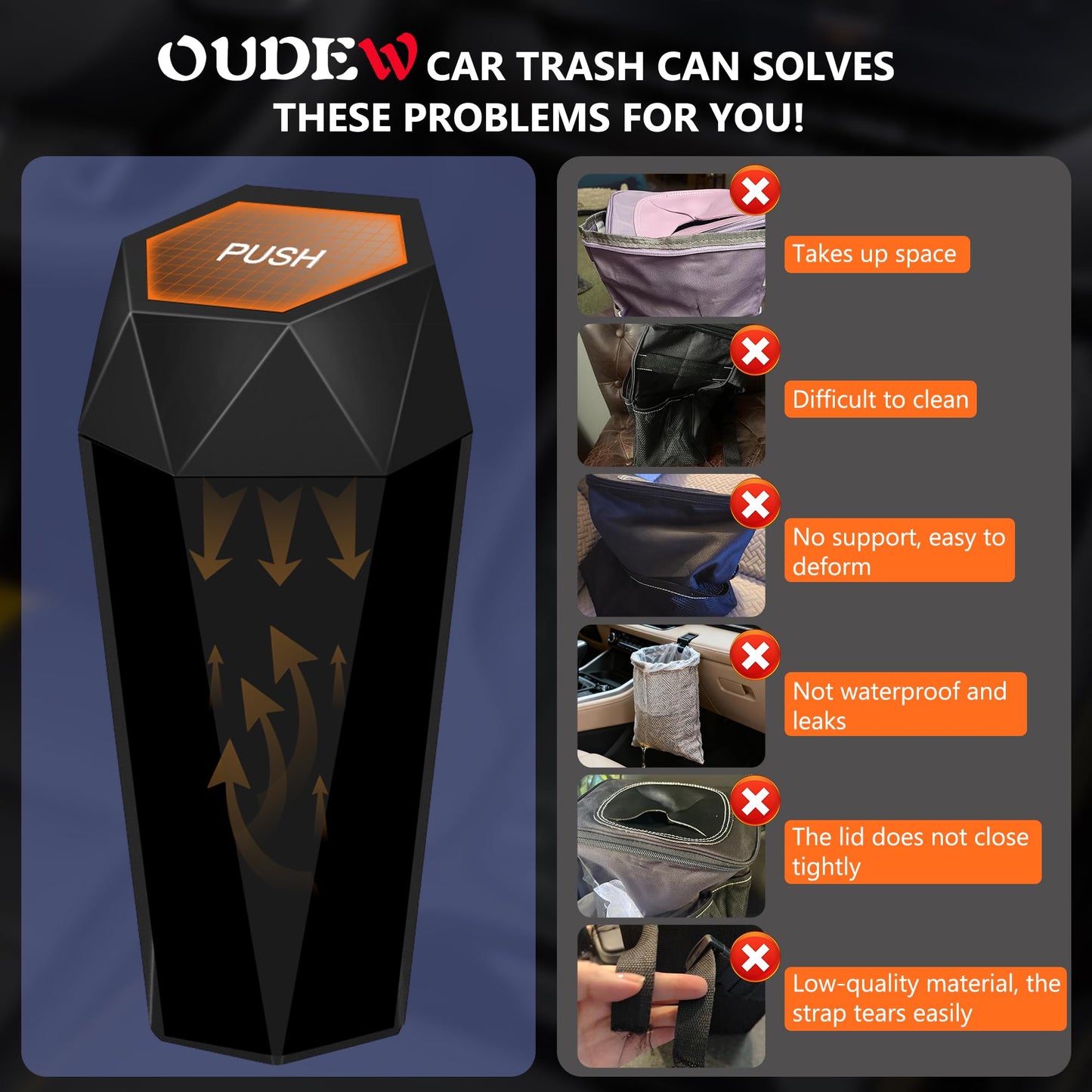 OUDEW Car Trash Can with Lid, Leakproof, 30 Trash Bags, Black, 2 Pack