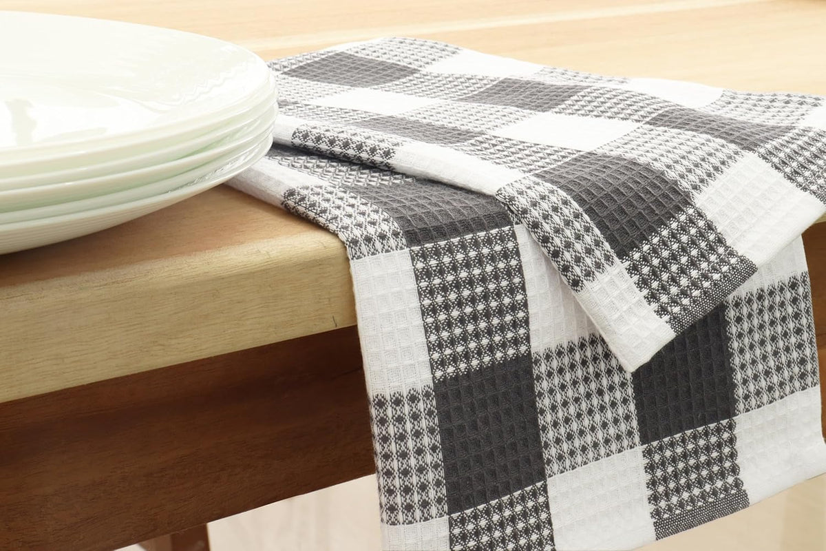 PurpleEssences 100% Cotton Waffle Weave Check Plaid Kitchen Towels, Super Soft and Absorbent Dish Towels for Drying Dishes 15 x 25-6 Pack - Spring Summer - Steel Grey and White
