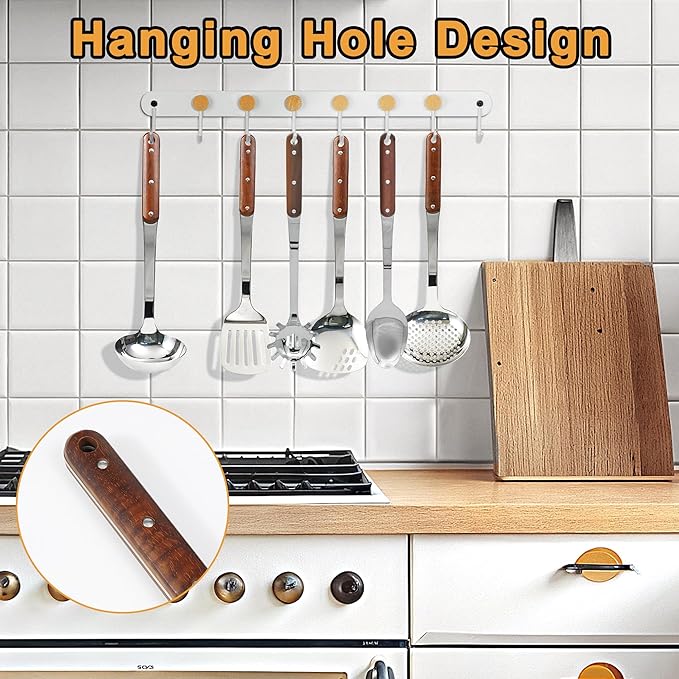FJNATINH Stainless Steel Cooking Utensils Set, Mirror Polished 6 Pieces Kitchen Utensils Set, Kitchen Tools Set With Wooden Handle Non-Stick Heat Resistant,Dishwasher Safe, Easy to Clean
