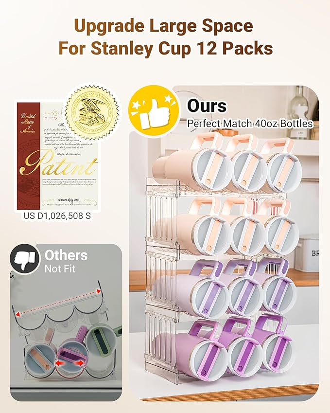 Large Tumbler Organizer for Stanley Cup 40 oz, Patented Kitchen Pantry Organizers and Storage for Stanley Cup Accessories, Stackable Water Bottle Organizer Holder Gifts 4Pack Large-12-bottle