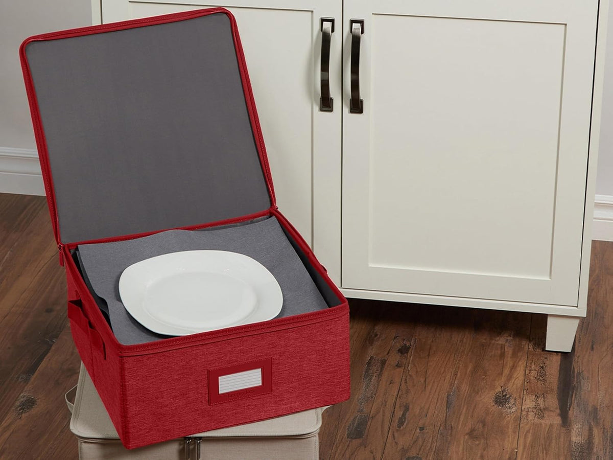 Covermates Keepsakes Dish Storage Box - Stackable, Reinforced Handles, China Storage, Red Heather