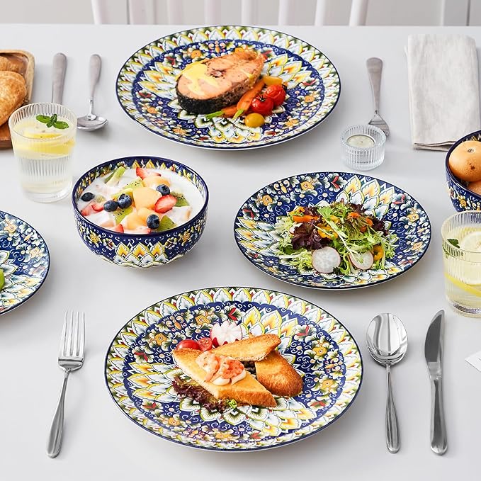 vancasso 12 Pieces Dinnerware Sets, Blue Plates and Bowls Set, Porcelain Dishes Set for 4, Microwave and Dishwasher Safe, Scratch Resistant, Bohemian Style Dining Ware Service for 4, Series SIMI