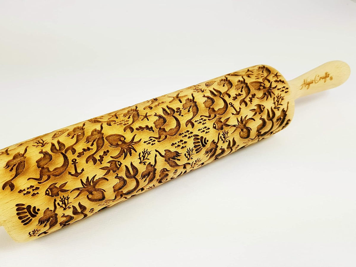 MERMAID Embossing Rolling Pin> Laser Engraved Wooden Dough Roller with Ocean Symbols