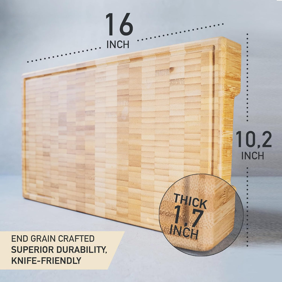 Premium Bamboo Cutting Board (ExtraThick 1.7"), Professional Chopping Butcher Block for Meat. Heavy Duty End Grain Wood, Charcuterie Boards, Kitchen Accessories