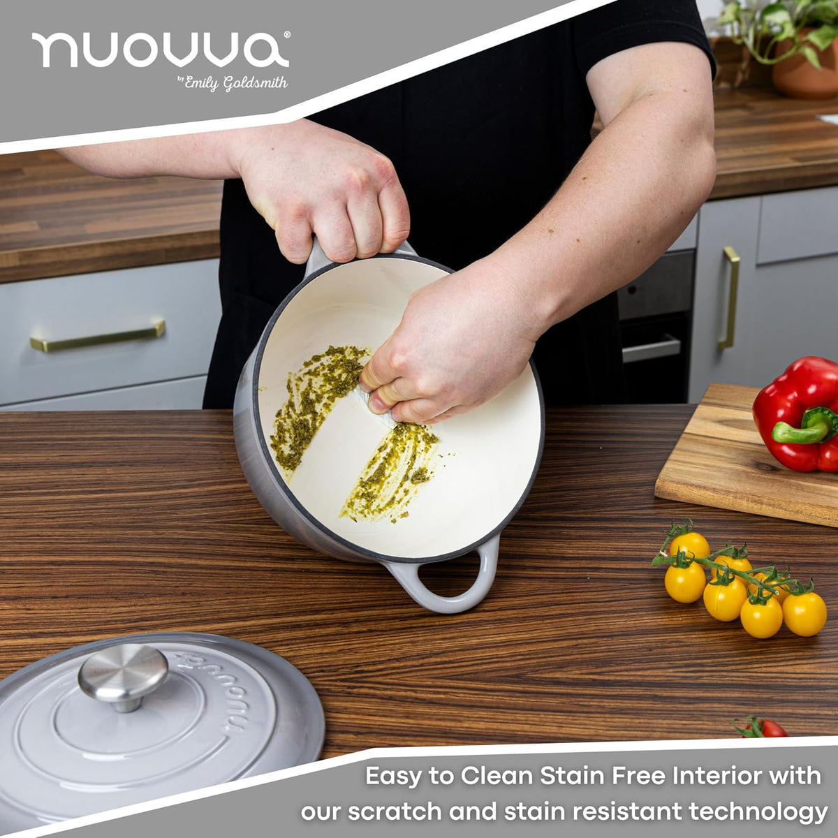 Cast Iron Pot with Lid – Non-Stick Ovenproof Enamelled Casserole Pot, Oven Safe up to 500° F – Sturdy Dutch Oven Cookware – Grey, 5-Quart, 24cm – by Nuovva