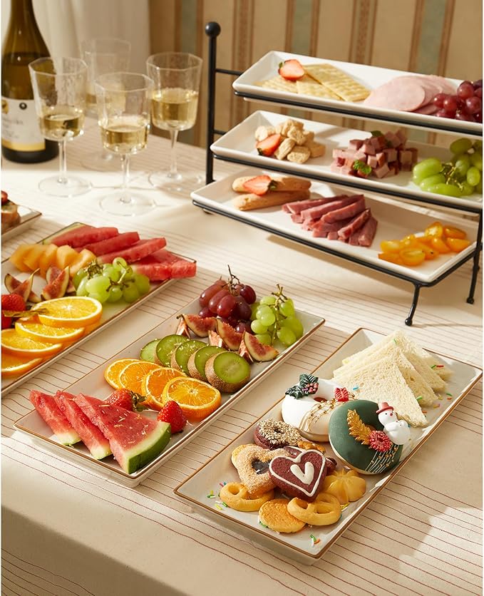 Sweese Rectangular Porcelain Platters, Vanilla White with Brown Trim, Serving Trays for Parties, 13.8 Inch Large Serving Dishes for Steak, Taco, Sushi, Appetizer - Dishwasher & Oven Safe - Set of 4