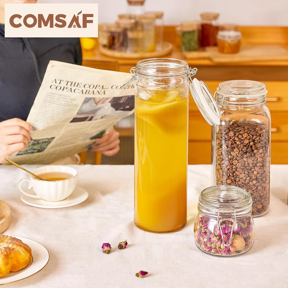 ComSaf 60oz Airtight Glass Jars Set of 3 with Lids Food Storage Jar Round - Tall Spaghetti Container with Clear Preserving Seal Wire Clip Fastening, Pasta jar for Kitchen Canning, Nut,Oat, Dry Goods