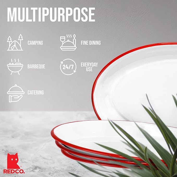 Red Co. Set of 4 Enamelware Metal Classic 13" Serving Oval Tray Platter, Solid White/Red Rim