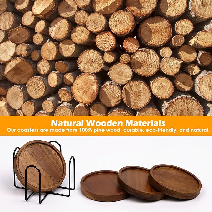 4 Pcs Wood Coasters for Drinks Absorbent, Wooden Coasters with Holder, Drink Coasters for Coffee Table, Absorbent Coaster Set for Table Protection Drink Coasters for Farmhouse, Office, Bar