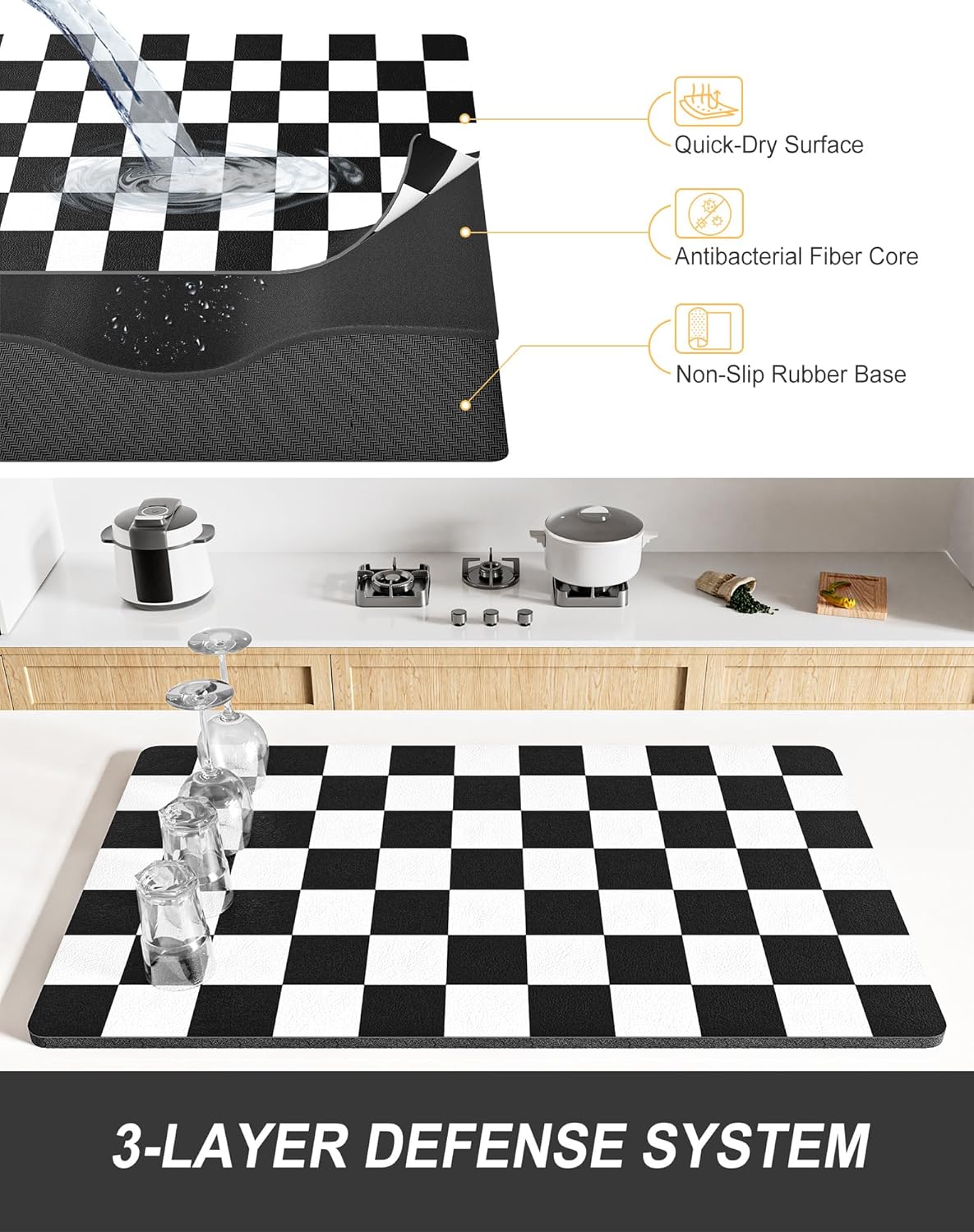 Rnivvi Dish Drying Mat for Kitchen Counter, XL 15 x 24" Cute Checkered Absorbent Draining Pad, Non-Slip Heat Resistant Coffee Bar Mat for Coffee Machine Station Accessories, Black White Dish Rack Pad