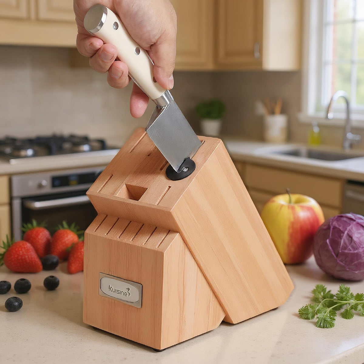 KUISINE Knife Set High Carbon Stainless Steel Sharper Blade Ergonomic Handle,Knife Block Set with Built-in Sharpener 2025 Upgraded (Ivory Pro Acacia,15PCS)