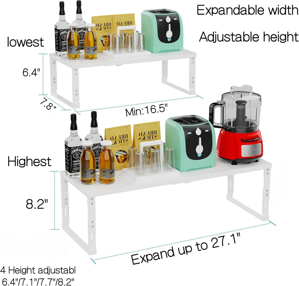 Heavy-Duty Adjustable Metal Shelf Organizer - Expandable & Stackable Pantry Storage Rack for Kitchen, Bathroom, RV, Cabinets(1 Pack/White, Medium)