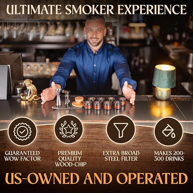 Cocktail Smoker Kit - 8 Wood Chips - 4 Flame Jet Torch - Old Fashioned Cocktail Kit - Whiskey Gift for Men for Him - Whiskey Smoker Kit - Bourbon Smoker