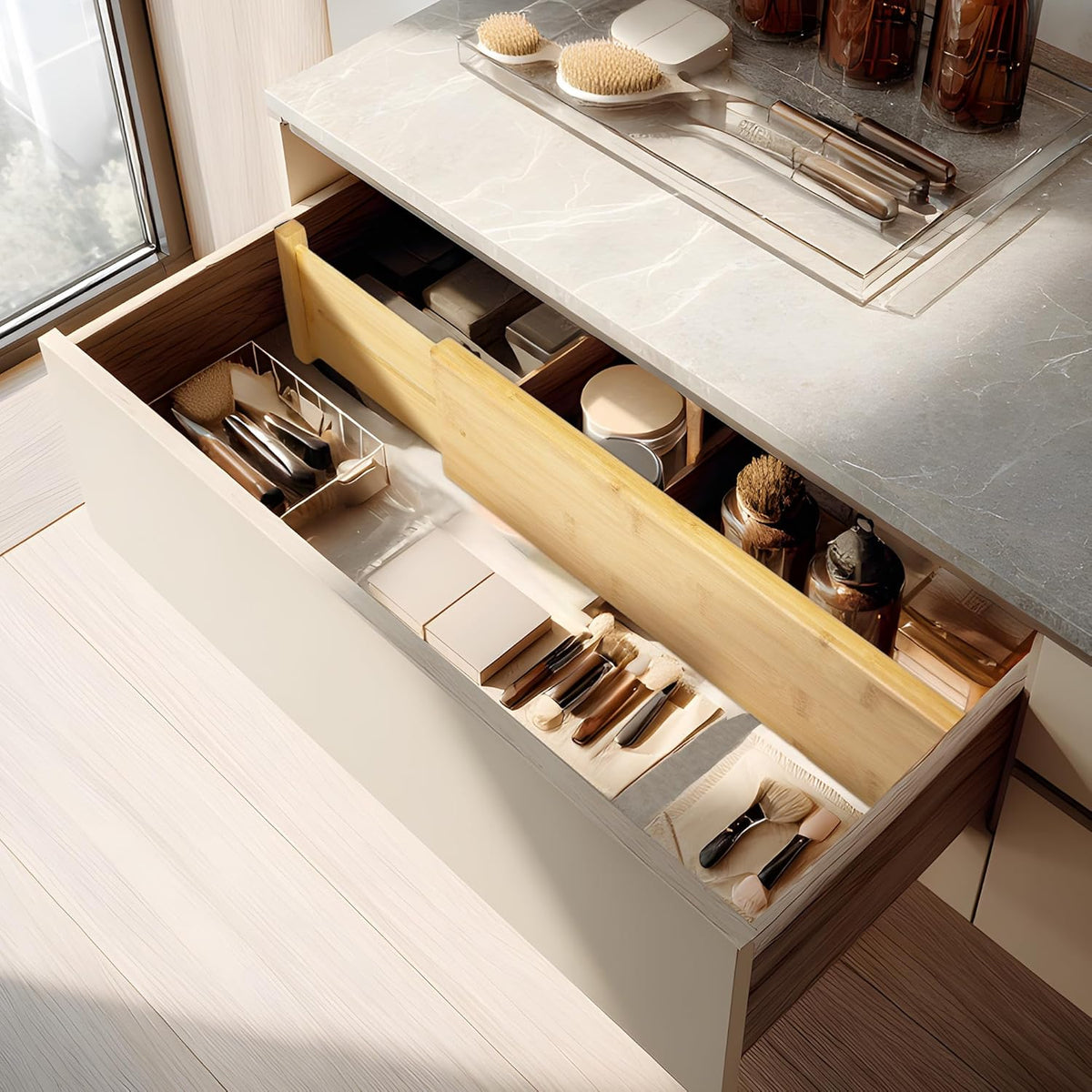 VaeFae 3 Pack Bamboo Drawer Dividers, 4" High Adjustable 16.6" - 21.8" Clothes Drawer Organizers, Expandable Separators for Bedroom/Bathroom/Kitchen/Office Storage