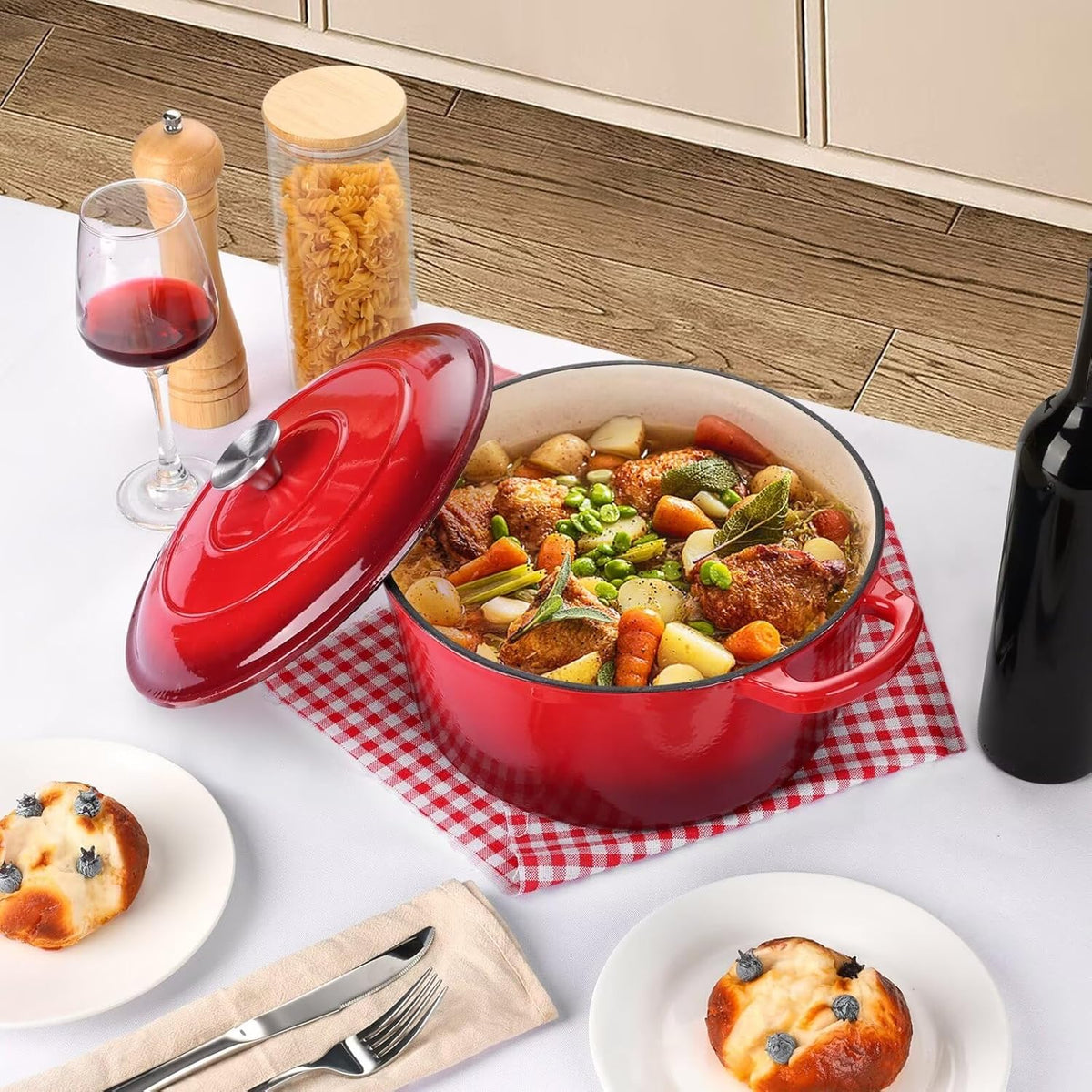 P&P CHEF 6QT Enameled Dutch Oven, Cast Iron Dutch Oven Pot with Lid for Bread Baking, Enameled Casserole Pot for Roasting Braising Stewing Frying Simmering, Various Stoves & Easy Clean, Red