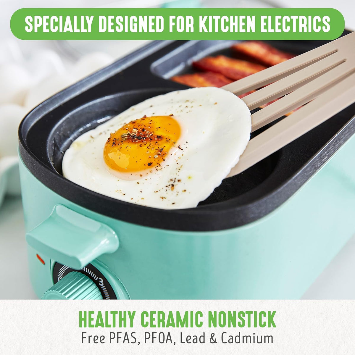 GreenLife 3-in-1 Breakfast Maker Station, Healthy Ceramic Nonstick Dual Griddles for Eggs Meat Sausage Bacon Pancakes and Breakfast Sandwiches, 2 Slice Toast Drawer, Easy-to-use Timer, Turquoise