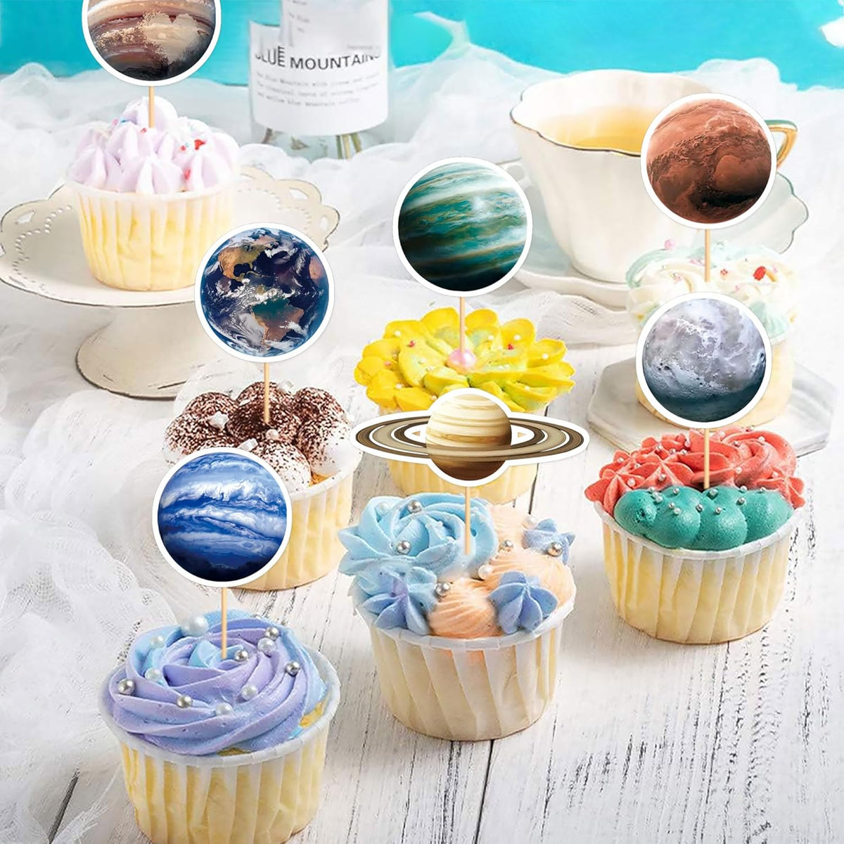 40PCS Space Cupcake Toppers Solar System Galaxy Universe Cupcake Picks Outer Space Theme Boys Girls Baby Shower Birthday Party Cake Decorations Supplies