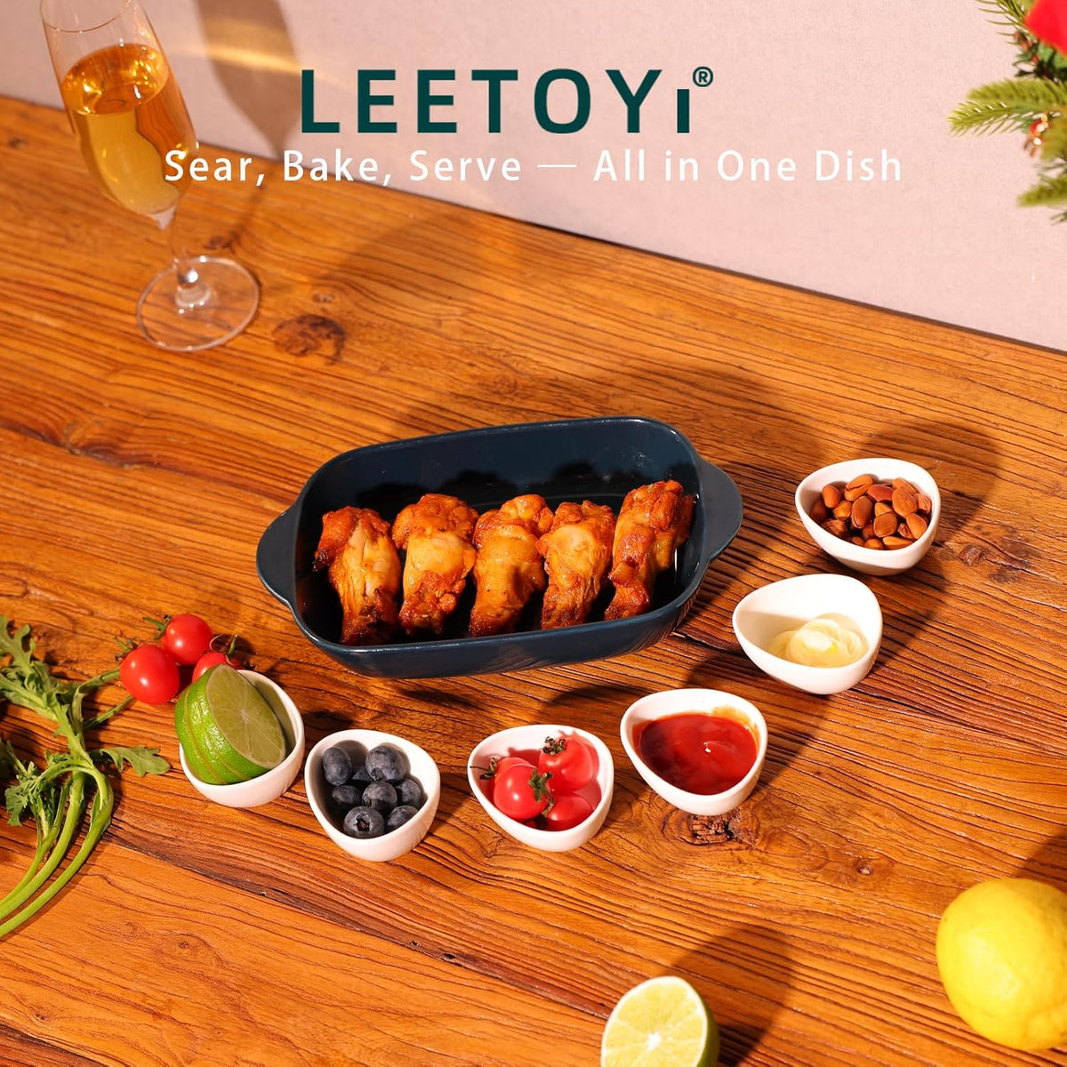 LEETOYI Ceramic Small Baking Dish 7.5-Inch Set of 4, Rectangular Bakeware with Double Handle, Baking Pans for Cooking and Cake Dinner (Navy)
