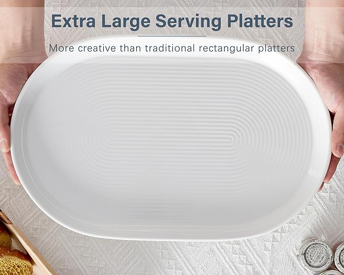ONEMORE 16 Inch Ceramic Serving Plates for Entertaining, Set of 2 Large Oval Dinner Plates- Dishwasher Oven Safe Serving Tray for Food Meat Fish Parties- Porcelain Thanksgiving Turkey Platters - White