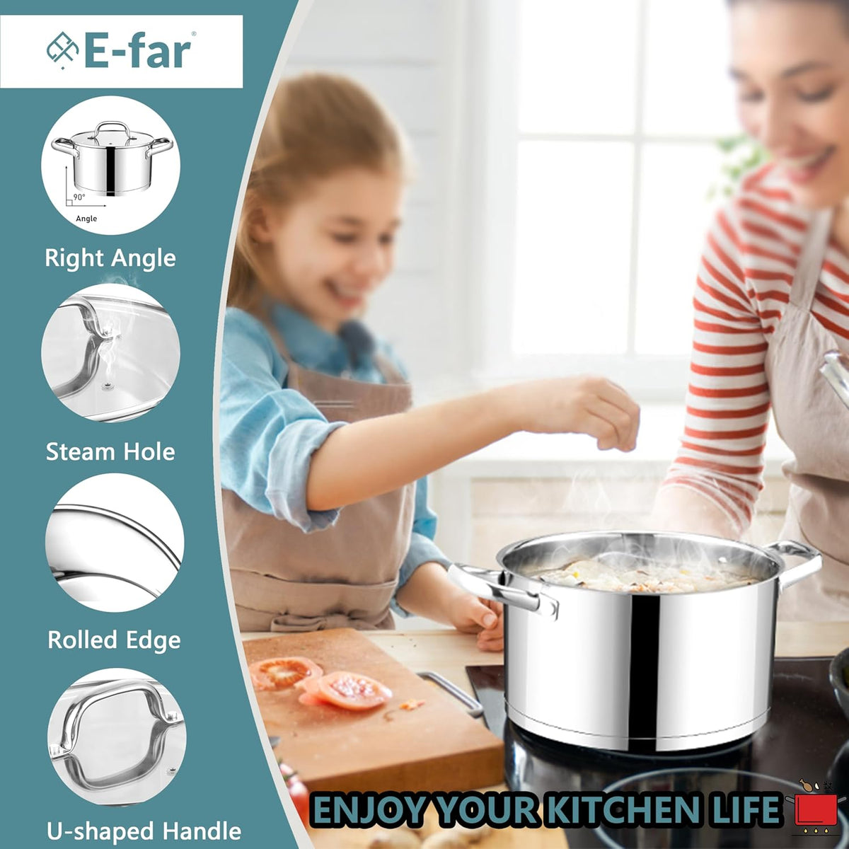 E-far 4 Quart Stock Pot with Lid, Stainless Steel Stockpot for Cooking Simmering Soup Pasta Sauce, with Tri-Ply Bottom & Visible Cover, Induction/Gas/Dishwasher Safe, Heavy Duty & Non Toxic