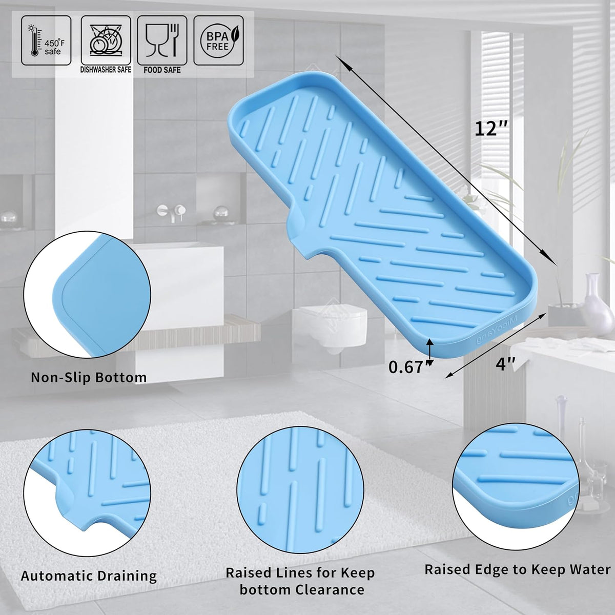 Silicone Bathroom Soap Dishes with Drain Spout-Bathroom and Kitchen Sink Organizer,Sponge Holder,Dish Soap Tray,Perfect for Dispenser,Scrubber,Bottle on Sink or Counter-Light Blue 12"×4"