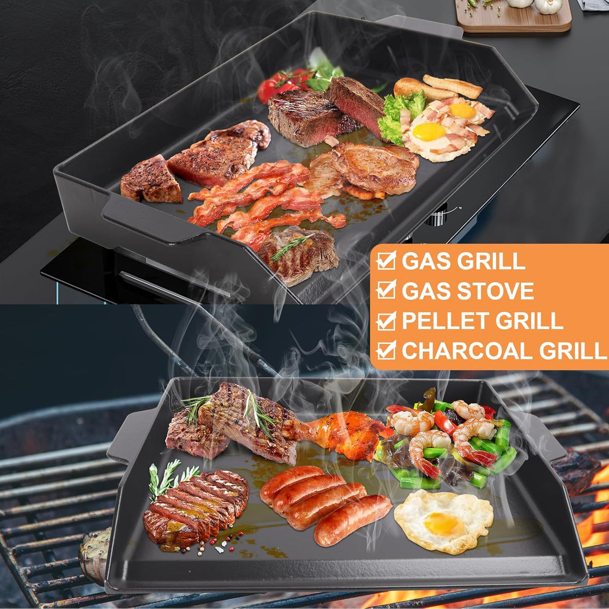 Universal Cast Iron Flat Top Griddle for Gas/Stove/Electric/Charcoal Grill,23" X 16 BBQ Griddle Insert for Weber Camp Chef Nexgrill StoveTop Griddle,Tailgating Nonstick Coating Cooking Skillet Pan,1PC