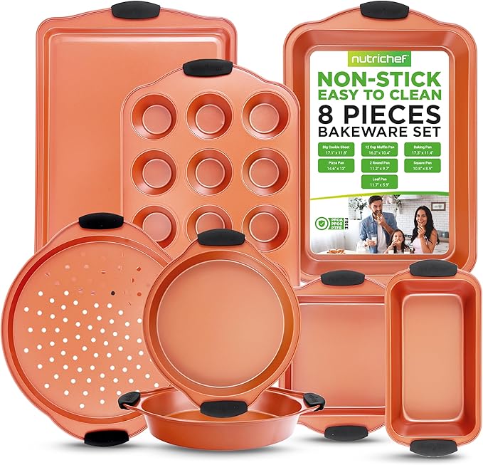 NutriChef 8-Piece Baking Pans Set - Nonstick Bakeware Set w/Silicone Handles, Includes 12 Cup Muffin, Round Cake, Pizza, Loaf & Square Pan, & Cookie Sheet - Dishwasher Safe & Easy Cleanup - Copper