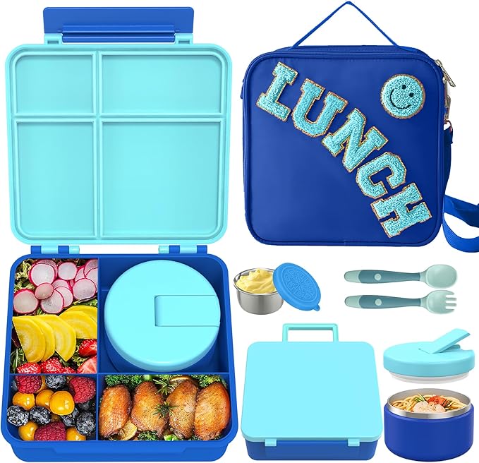 Kids Bento Lunch Box with 8oz Soup Thermo, Kids Leakproof Lunch Food Containers with 4 Compartment,Insulated Hot Food Jar with Lunch Bag for School, Travel (Blue)