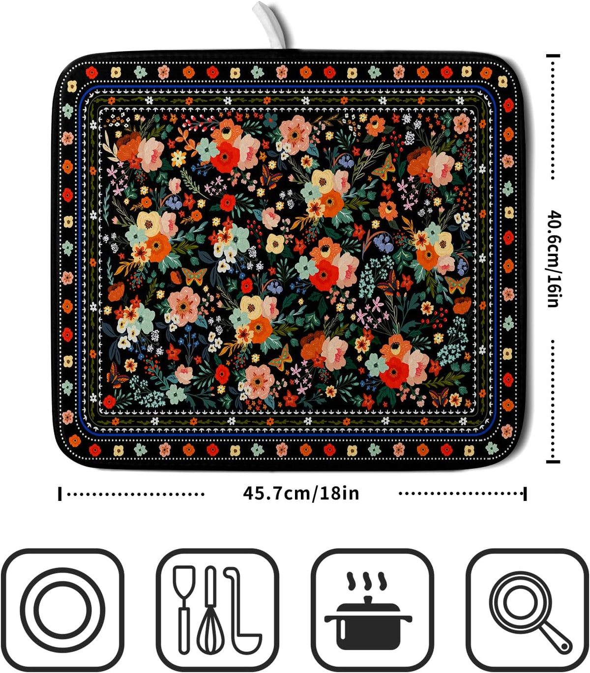 Black Flowers Dish Drying Pad Boho Floral Washable Microfiber Kitchen Mat for Home Decor