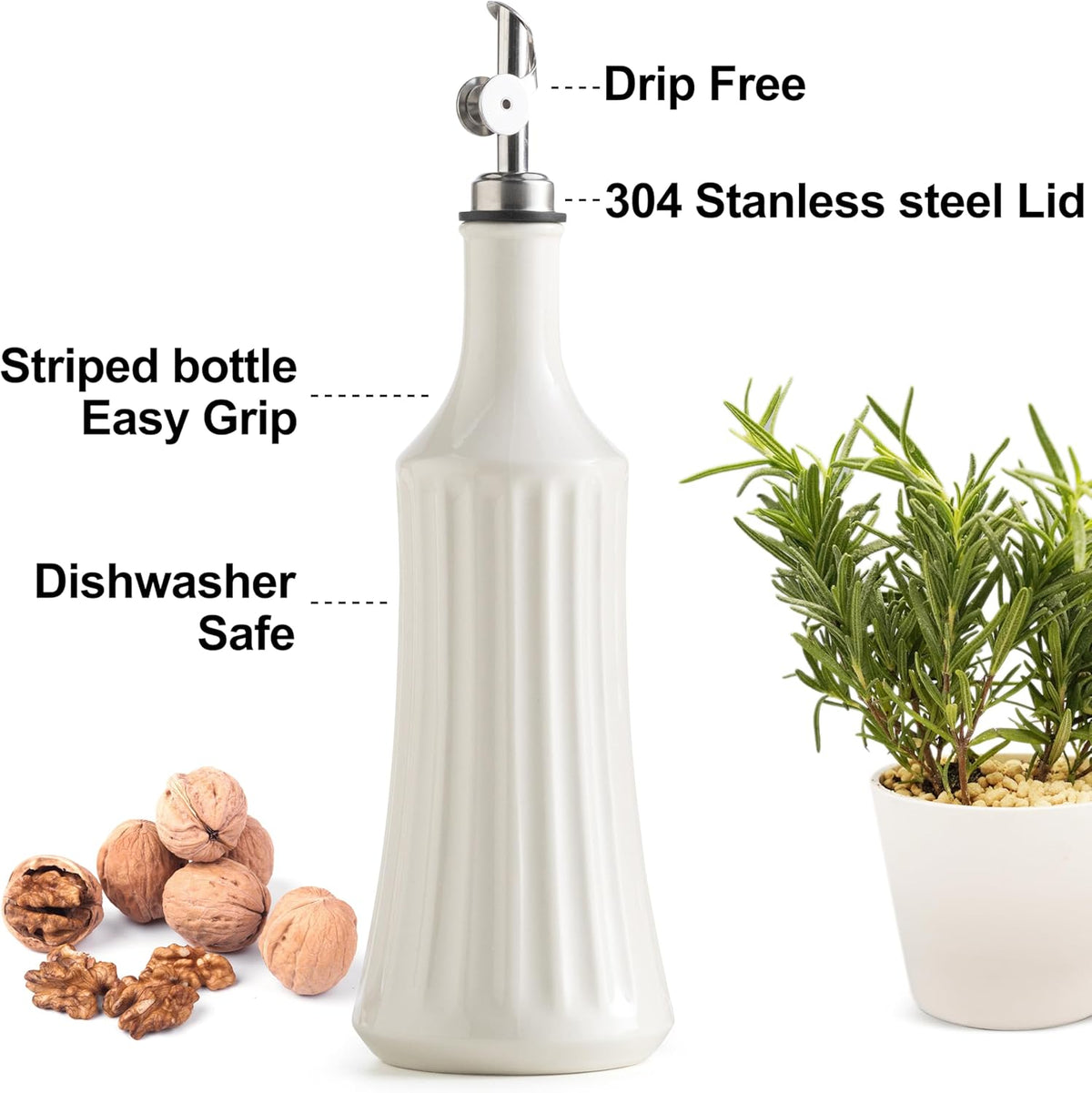 LYEOBOH Olive Oil Dispenser Bottle, Oil Dispenser for Kitchen, Ceramic Cooking Vinegar Dispensing Bottles with Spout, White