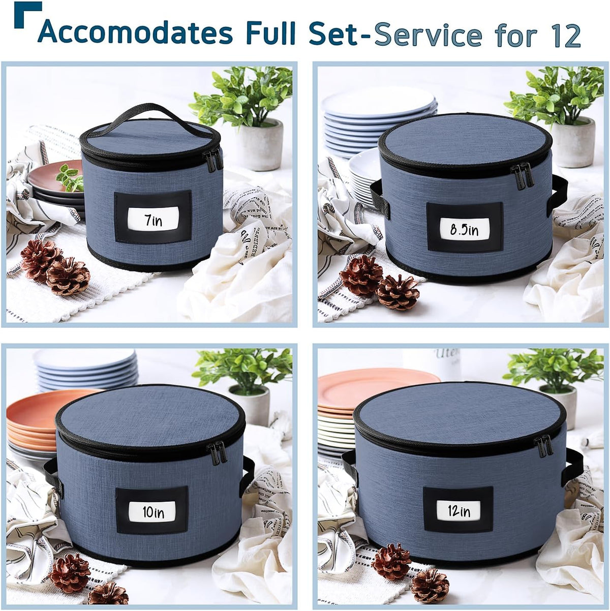 Fine China Storage Containers Hard Shell, 4 Piece Dish Storage Containers, Quilted Plate Containers, Stackable Dish Organizer with Dividers, Dinnerware Storage for Moving and Seasonal Storage, Blue