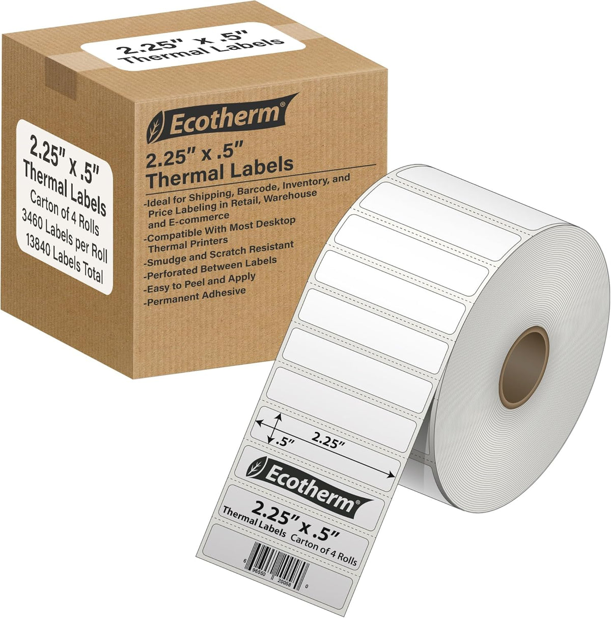 2.25" x .5" Thermal Labels | 4 Rolls | 13840 Labels | fits Zebra, Munbyn, Rollo, Godex, Arkscan, iDPRT, Offnova Thermal Label Printers and More | Blank White Adhesive Stickers by Ecotherm
