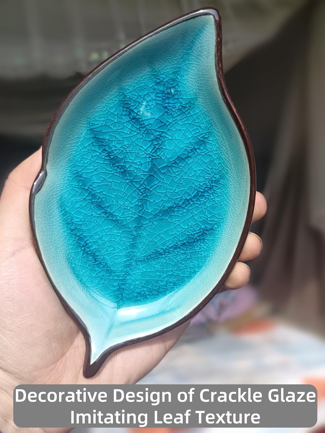 Ceramic Spoon Rest for Stove Top, Ice Cracks Leaf Cute Spoon Rest for Kitchen Counter, Cooking Spoon Holder for Kitchen Counter, Utensil Rest Spatula Rest Ladle Holder Tong Rest, 1 PC (A, Lake Blue)