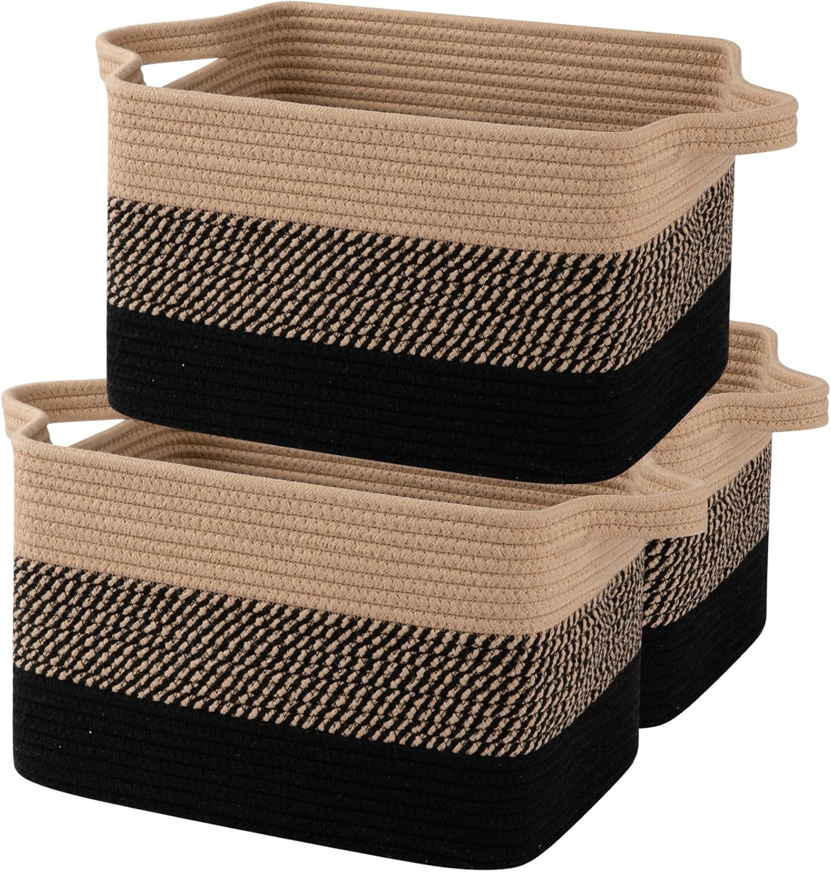 OIAHOMY Storage Basket, Woven Baskets for Storage, Cotton Rope Basket for toys,Towel Baskets for Bathroom - Pack of 3, Black & Brown
