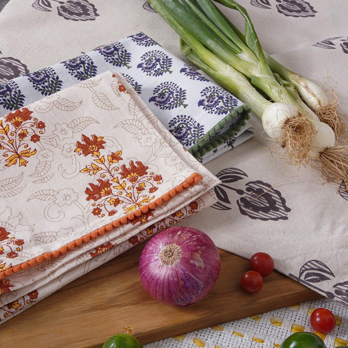 Printed Kitchen Dish Bar and Tea Towels Cotton, 18x28 inch with Trims, Cotton Dish Towel Sets (Multicolor Motif, Set of 3)