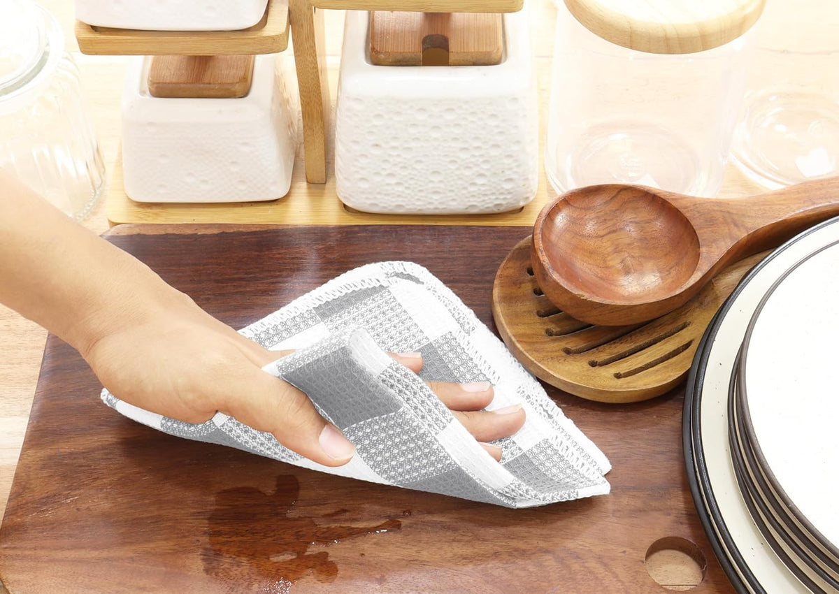 PurpleEssences Waffle Weave Plaid Dish Cloths, 100% Cotton - 12 x 12 Inches, Ultra Soft Absorbent Quick Drying Dish Towels Buffalo Check Dish Rags for Kitchen, 8 Pack - Spring Summer - Grey & White