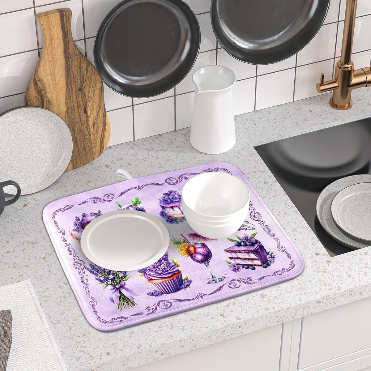 Purple Dish Drying Mats for Kitchen Counter Washable Drying Pad Absorbent Coffee Mat - Delicious Afternoon Tea