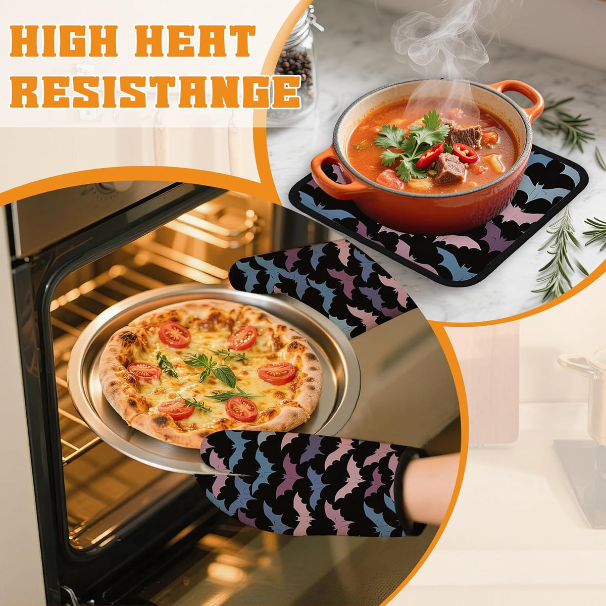 Colorful Bats Oven Mitts and Pot Holders Set,Kitchen Oven Gloves and Pot Holder with Heat Resistant Non Slip for Cooking Baking Grilling(4 Piece Set)