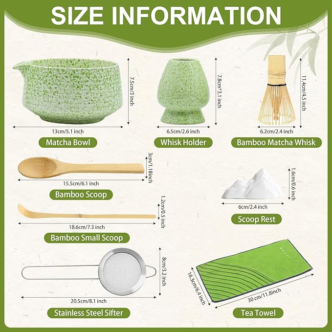 BEWOS 8 Pcs Matcha Whisk Set - 18OZ Ceramic Bowl with Spout, Matcha Sifter, Matcha Whisk Holder & Bamboo Matcha Whisk | Matcha Scoop, Complete Japanese Tea Ceremony Kit for Matcha Lover(Mottled Green)