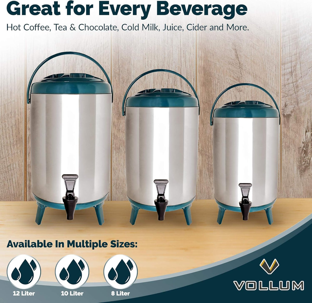 Stainless Steel Insulated Beverage Dispenser – Insulated Thermal Hot and Cold Coffee Carafe – 8 Liter Drink Dispenser with Spigot for Hot Water, Tea & Coffee, Cold Milk, Juice & More TEAL