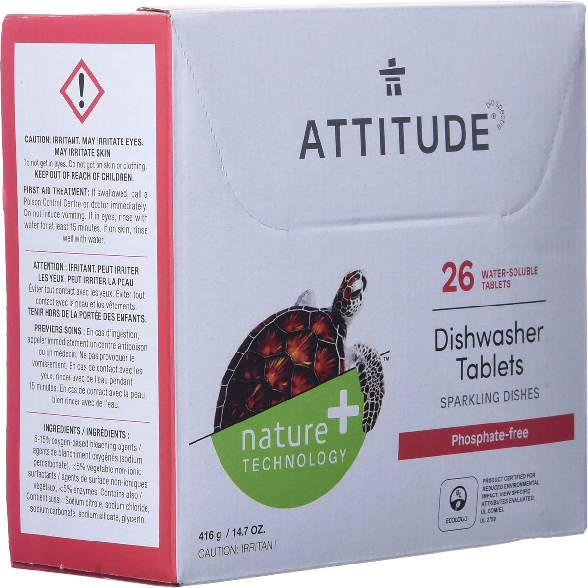 ATTITUDE Dishwasher Tablets, Water-soluble Plant- and Mineral-Based Effective Formula, Phosphate-free, Vegan and Cruelty-free, Unscented, 26 Count (Pack of 2)